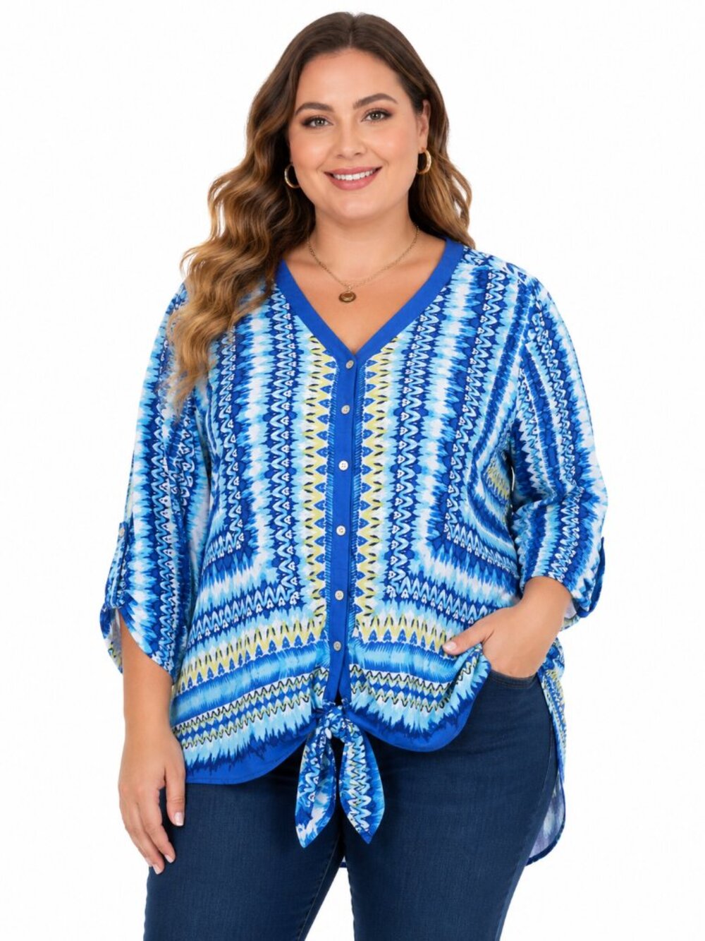 Ruby Rd. Woman 2X Blue Abstract Print Tie Front Blouse 100% Rayon